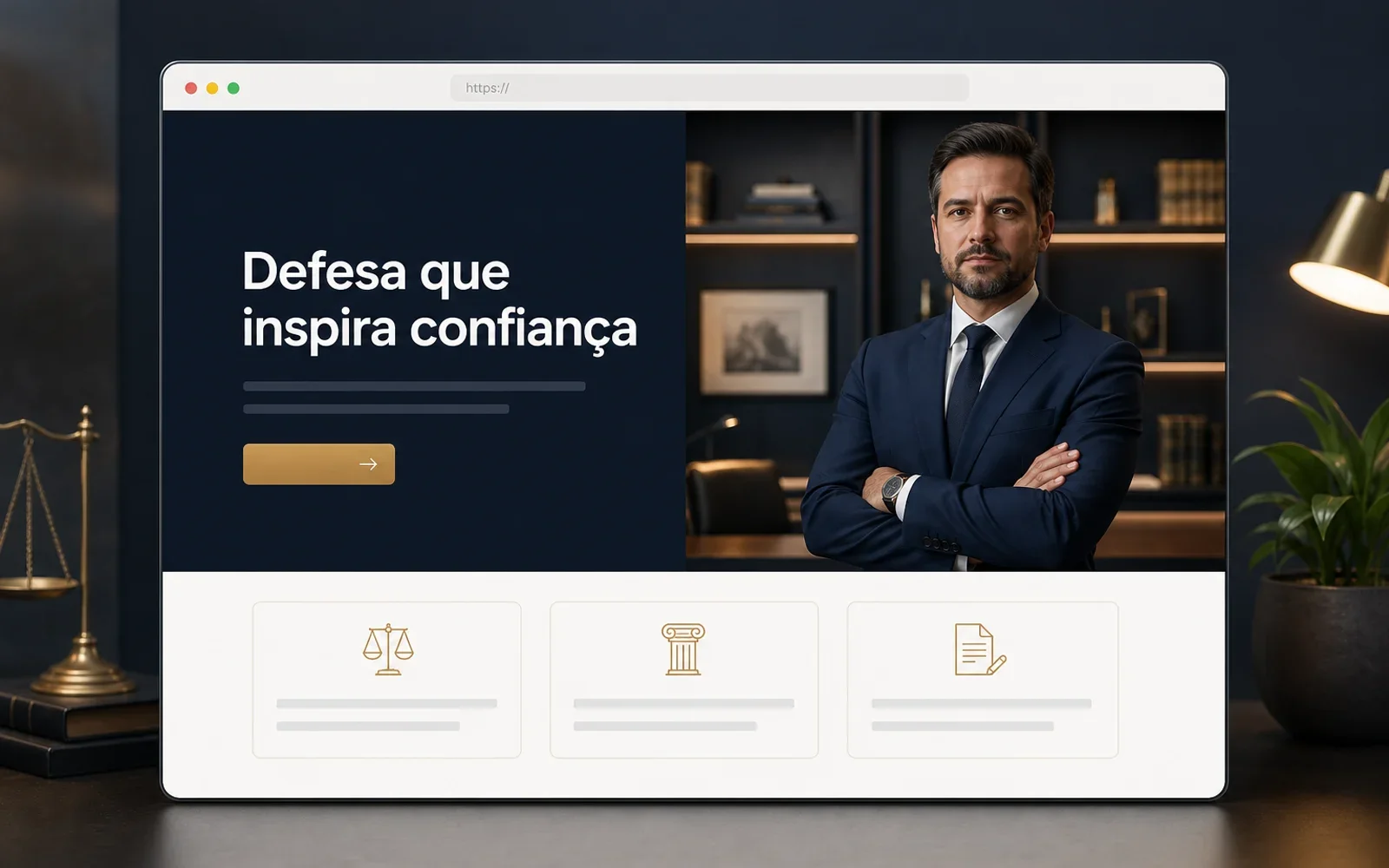 Mockup desktop de landing page para Advocacia
